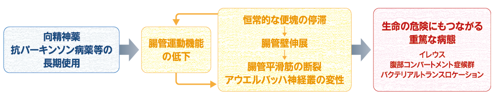 図/向精神薬抗パーキンソン薬等の長期使用、腸管運動機能の低下、恒常的な便塊の停滞→腸管壁伸展→腸管平滑筋の断裂アウエルバッハ神経叢の変性、生命の危険にもつながる重篤な病態/イレウス、腹部コンパートメント症候群、バクテリアルトランスロケーション