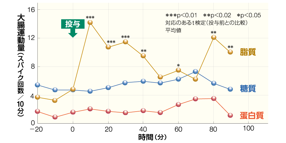 グラフ：縦軸が大腸運動量（スパイク回数／10分）、横軸が時間（分）